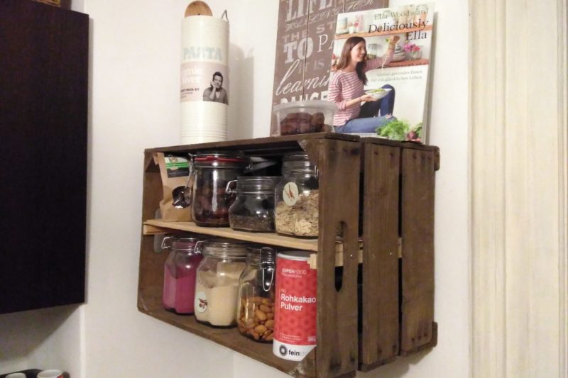 Kitchen shelf made from old wooden box