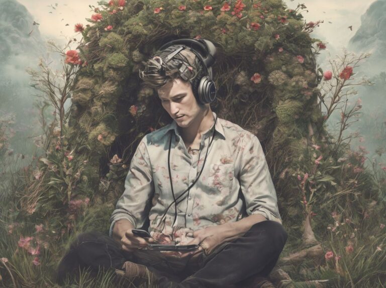 A person sits on a meadow holding a smartphone, between the smartphone and his head are roots and flowers on his back and head trending on artstation, sharp focus, studio photo, intricate details, hig