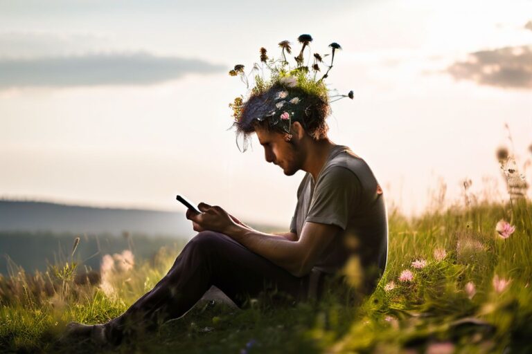 A person in profile sits on a meadow and looks at his smartphone in his hand, between the smartphone and his head are roots and flowers on his back and head