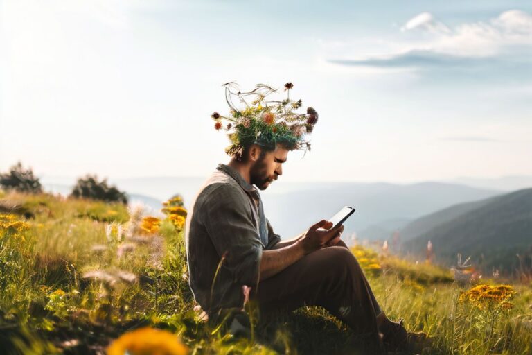 A person in profile is sitting on a meadow holding a smartphone, between the smartphone and his head are roots and flowers on his back and head