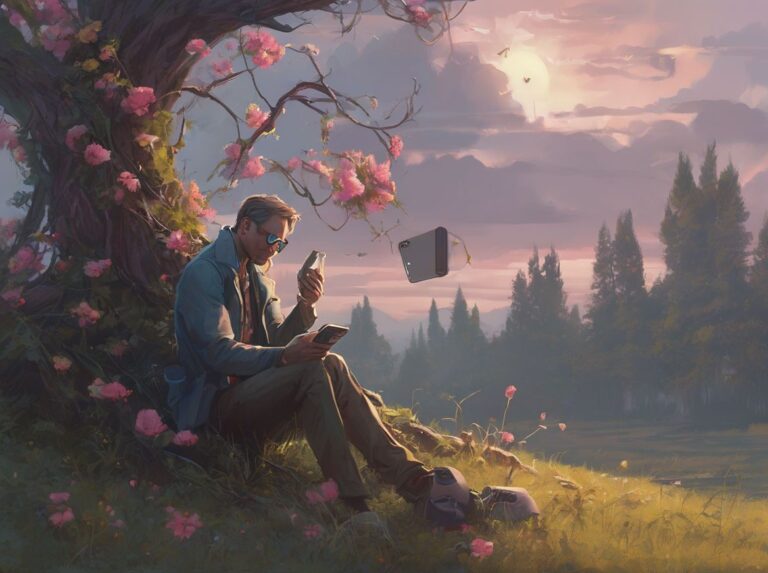 A person sits on a meadow holding a smartphone, between the smartphone and his head are roots and flowers on his back and head professional ominous concept art, by artgerm and greg rutkowski, an intri