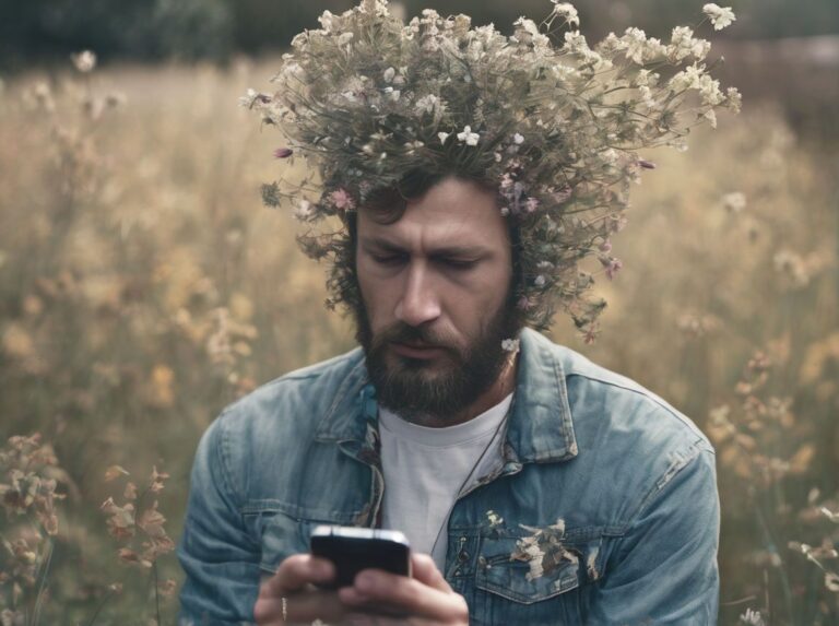 A person sits on a meadow holding a smartphone, between the smartphone and his head are roots and flowers on his back and head haze, ultra-detailed, film photography, light leaks, Larry Bud Melman, tr